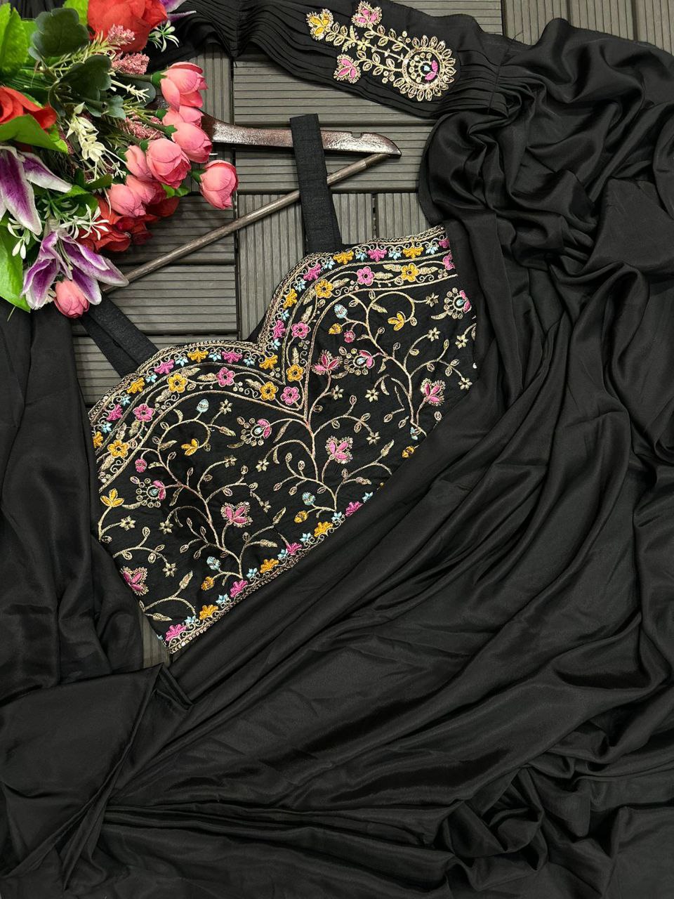 Premium Heavy Satin Ready-to-Wear Saree with Embroidered Sequence Koti & Belt | Designer Party, Wedding & Festive Wear Collection HE-BUY-(M)-149