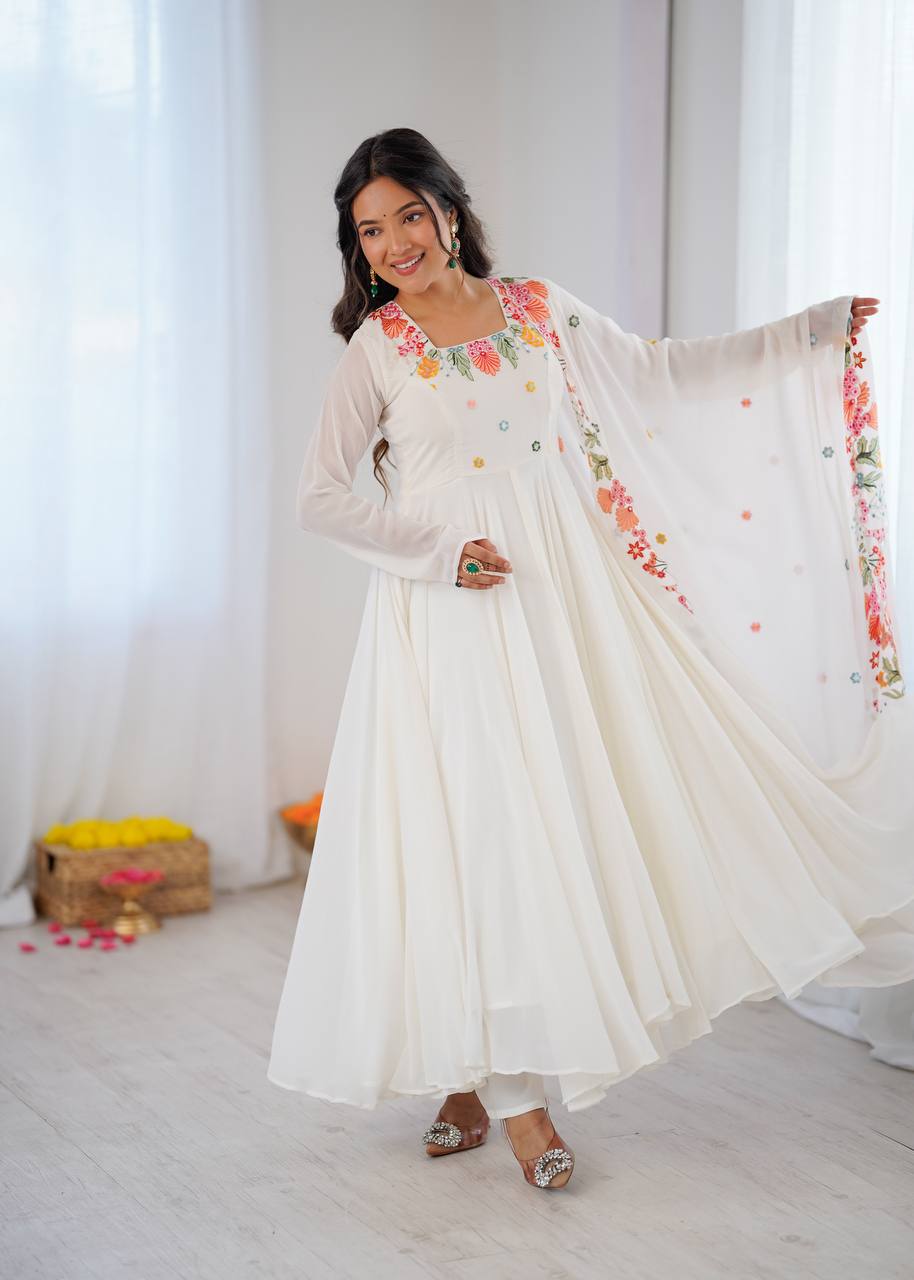 Designer Faux Georgette Gown with Pant & Dupatta Set | Heavy Embroidery Work | 7 Meter Flair | Full Sleeves | Fully Stitched Ready-to-Wear HE(AD)-901