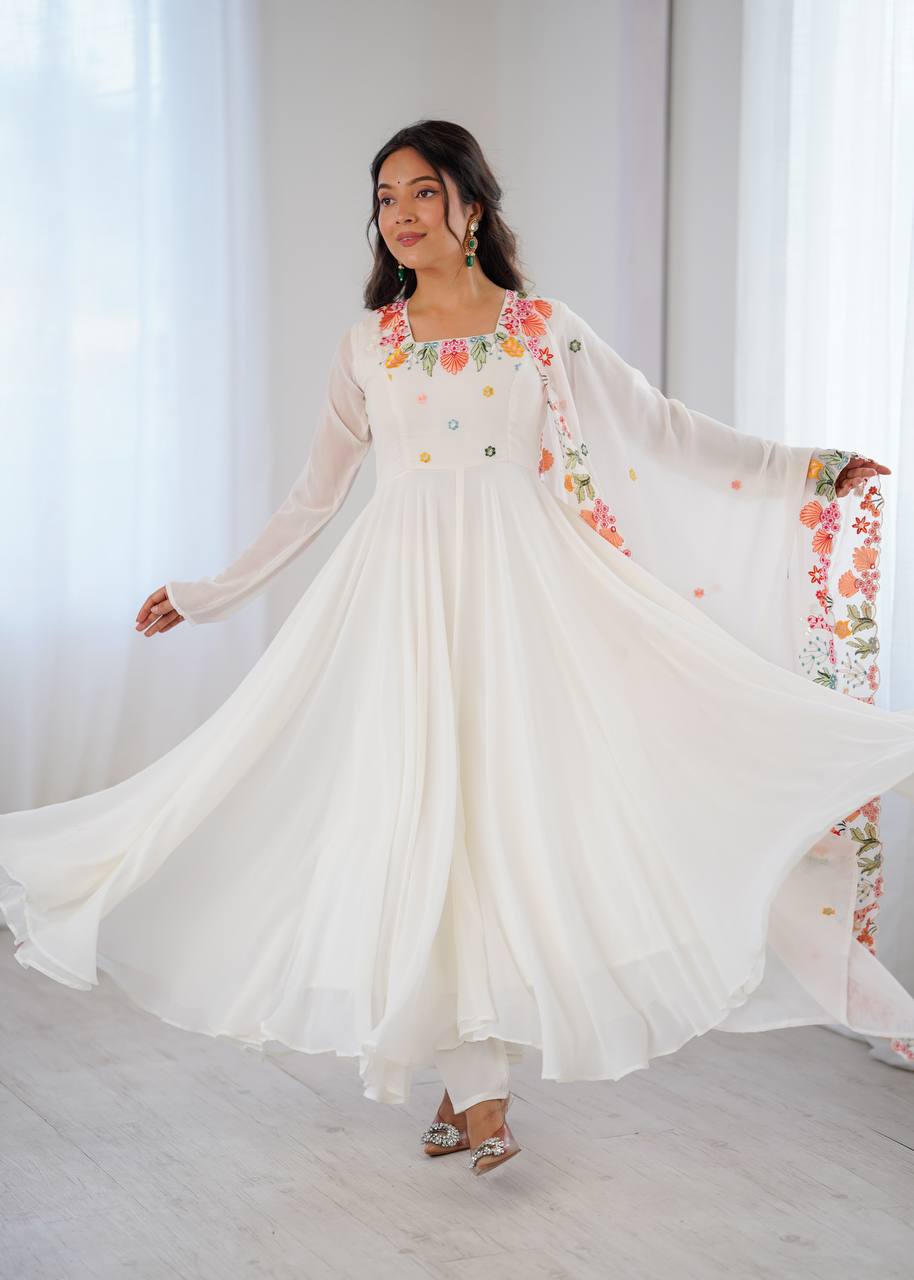 Designer Faux Georgette Gown with Pant & Dupatta Set | Heavy Embroidery Work | 7 Meter Flair | Full Sleeves | Fully Stitched Ready-to-Wear HE(AD)-901