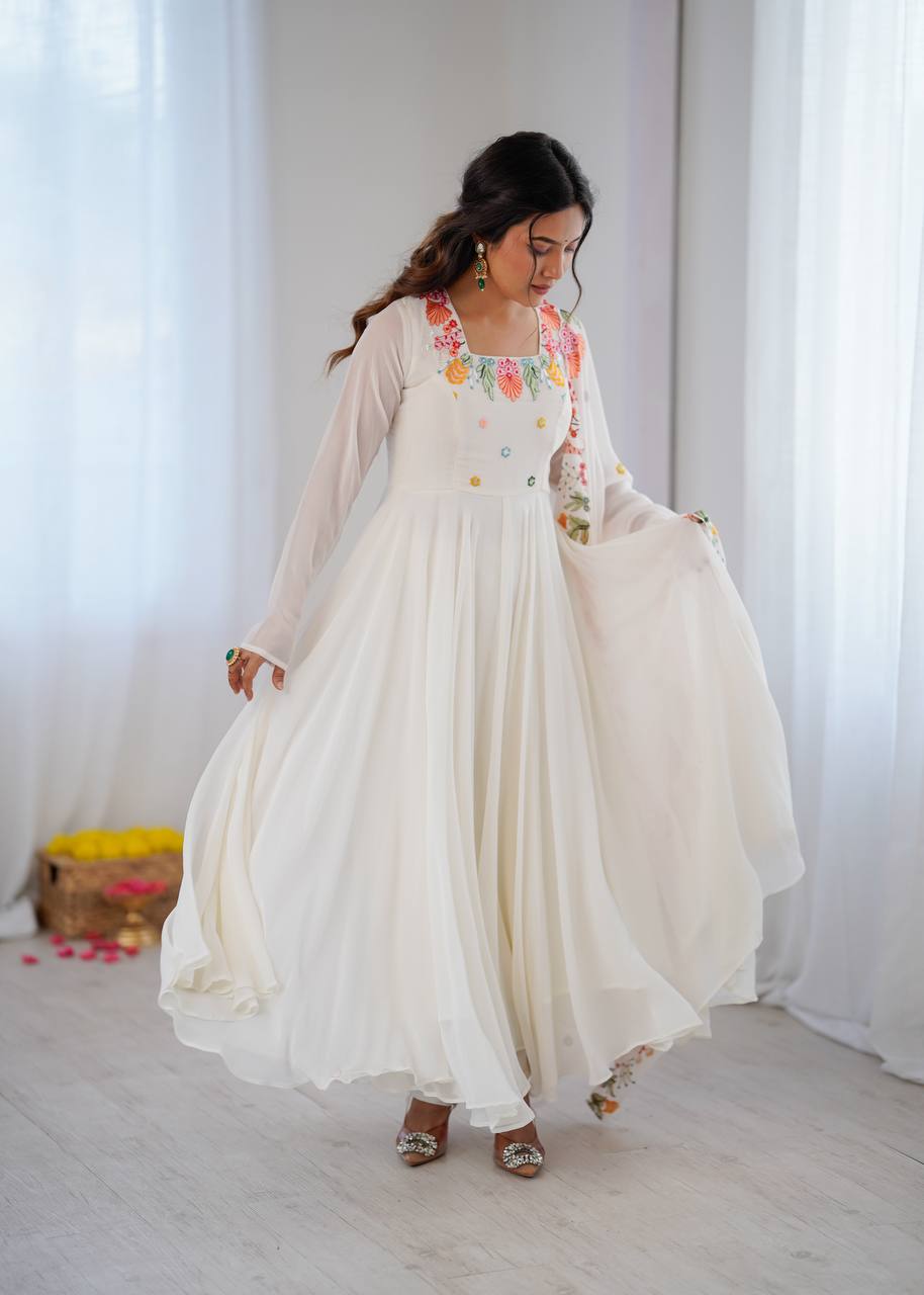 Designer Faux Georgette Gown with Pant & Dupatta Set | Heavy Embroidery Work | 7 Meter Flair | Full Sleeves | Fully Stitched Ready-to-Wear HE(AD)-901