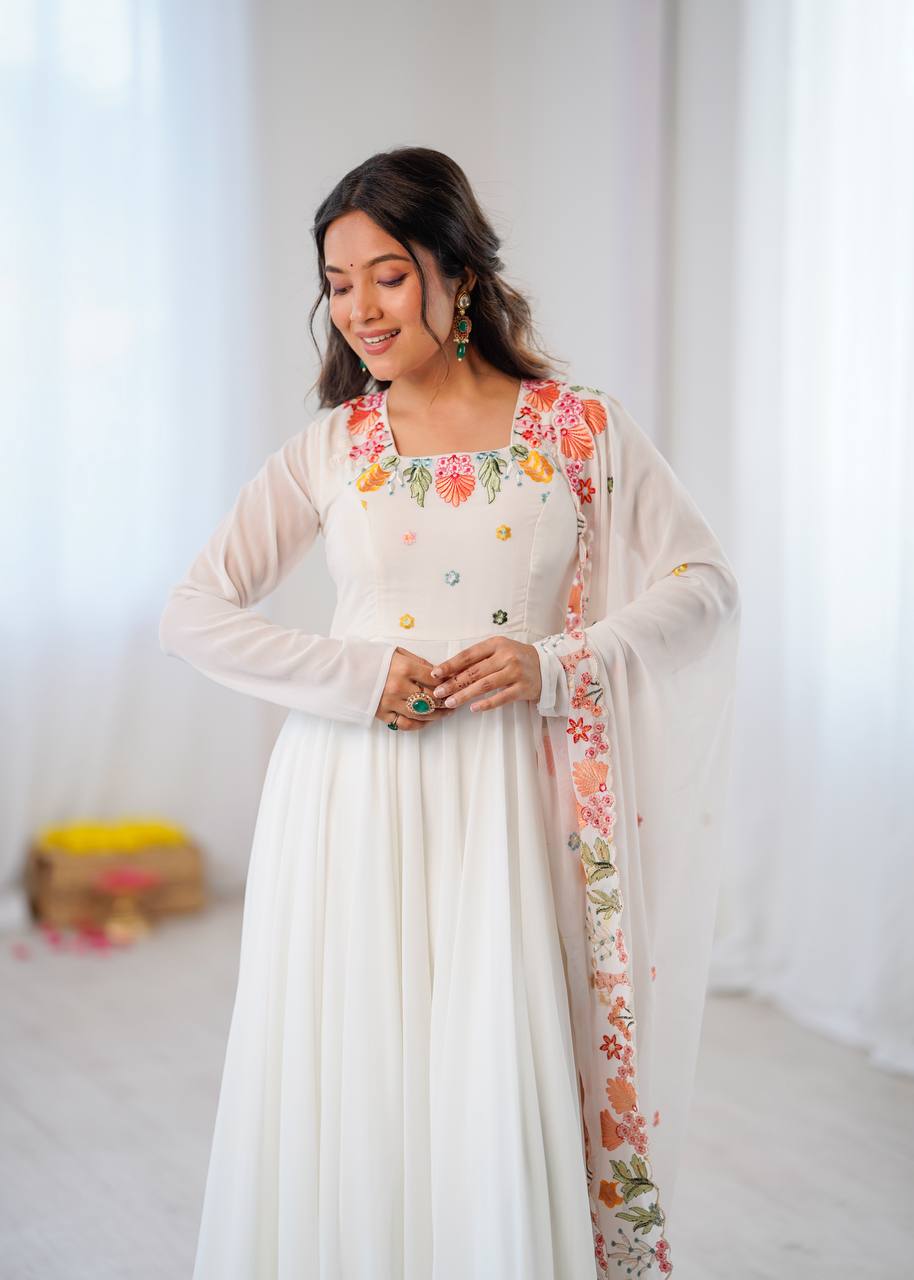 Designer Faux Georgette Gown with Pant & Dupatta Set | Heavy Embroidery Work | 7 Meter Flair | Full Sleeves | Fully Stitched Ready-to-Wear HE(AD)-901