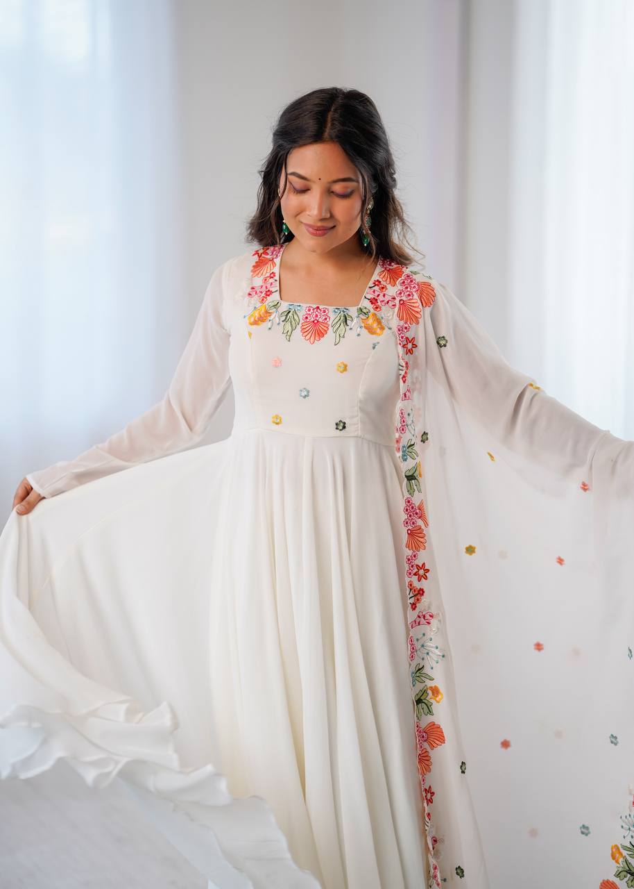 Designer Faux Georgette Gown with Pant & Dupatta Set | Heavy Embroidery Work | 7 Meter Flair | Full Sleeves | Fully Stitched Ready-to-Wear HE(AD)-901