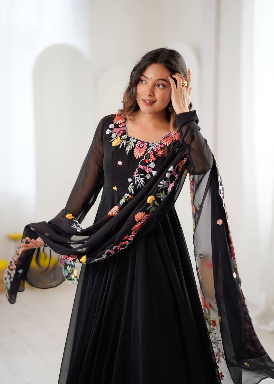 Designer Faux Georgette Gown with Pant & Dupatta Set | Heavy Embroidery Work | 7 Meter Flair | Full Sleeves | Fully Stitched Ready-to-Wear HE(AD)-901