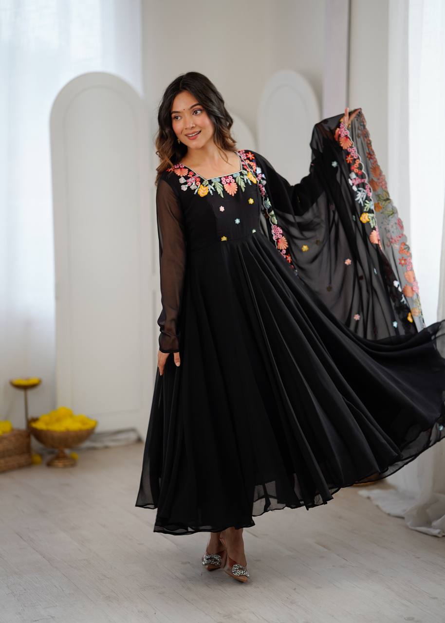 Designer Faux Georgette Gown with Pant & Dupatta Set | Heavy Embroidery Work | 7 Meter Flair | Full Sleeves | Fully Stitched Ready-to-Wear HE(AD)-901