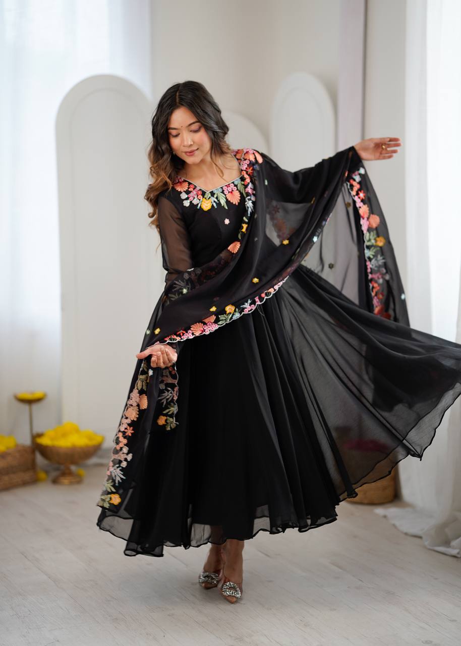Designer Faux Georgette Gown with Pant & Dupatta Set | Heavy Embroidery Work | 7 Meter Flair | Full Sleeves | Fully Stitched Ready-to-Wear HE(AD)-901