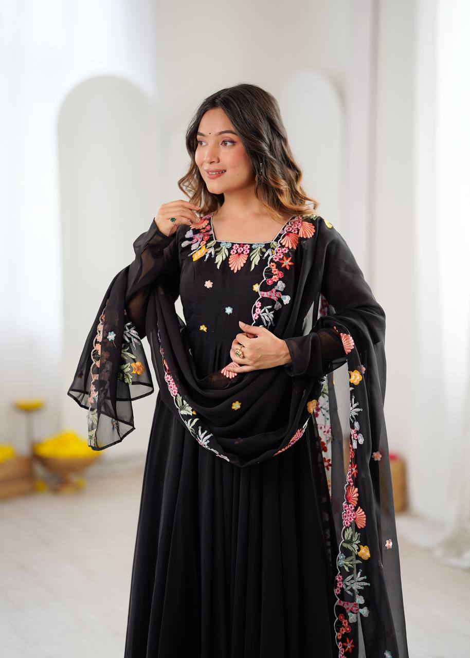 Designer Faux Georgette Gown with Pant & Dupatta Set | Heavy Embroidery Work | 7 Meter Flair | Full Sleeves | Fully Stitched Ready-to-Wear HE(AD)-901