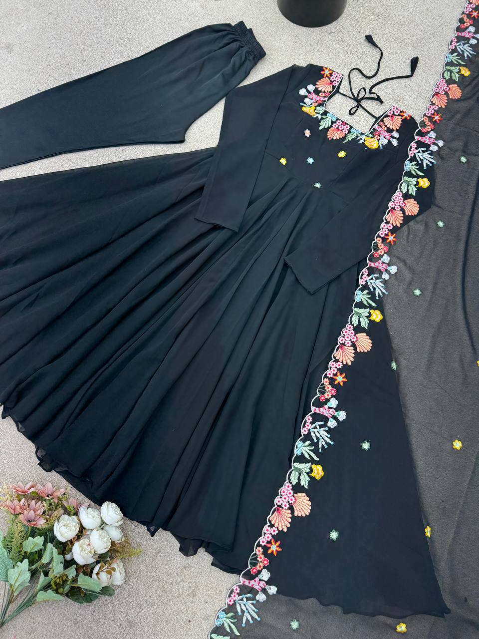 Designer Faux Georgette Gown with Pant & Dupatta Set | Heavy Embroidery Work | 7 Meter Flair | Full Sleeves | Fully Stitched Ready-to-Wear HE(AD)-901