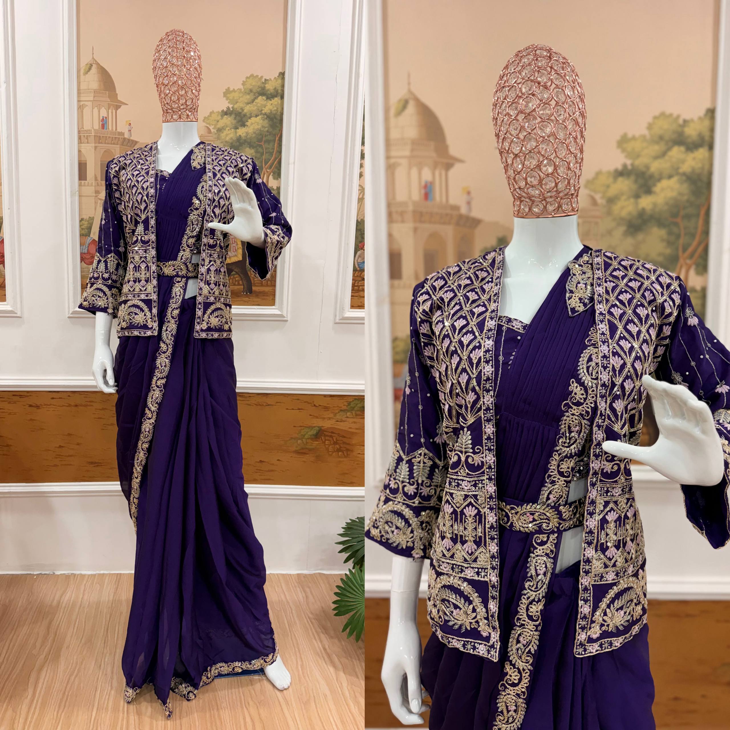 Premium Indo-Western Drape Saree with Embroidered Koti for Women | Rangoli Silk Ready-to-Wear Saree | Designer Wedding & Party Wear Collection HE-BUY-(D)-1184