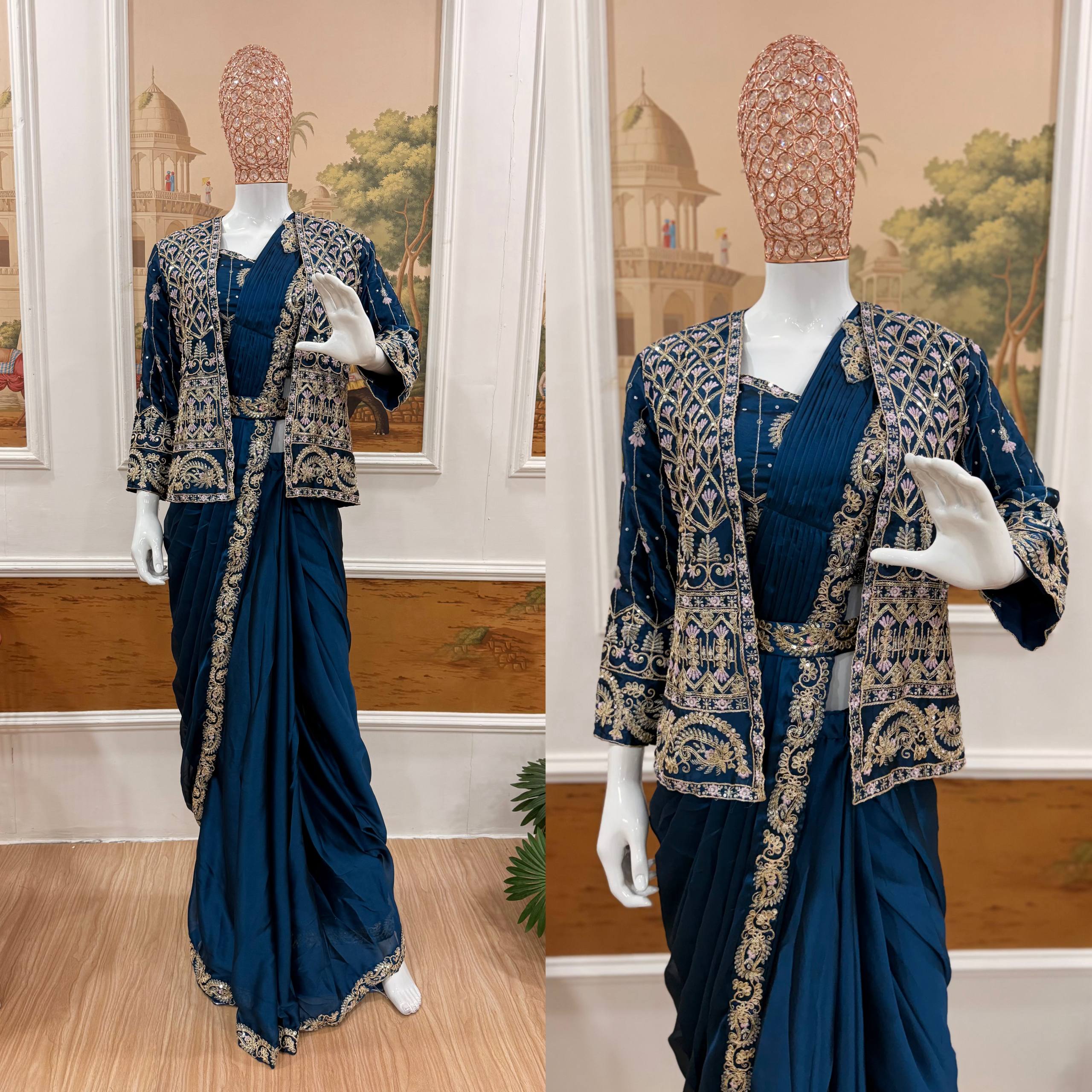 Premium Indo-Western Drape Saree with Embroidered Koti for Women | Rangoli Silk Ready-to-Wear Saree | Designer Wedding & Party Wear Collection HE-BUY-(D)-1184