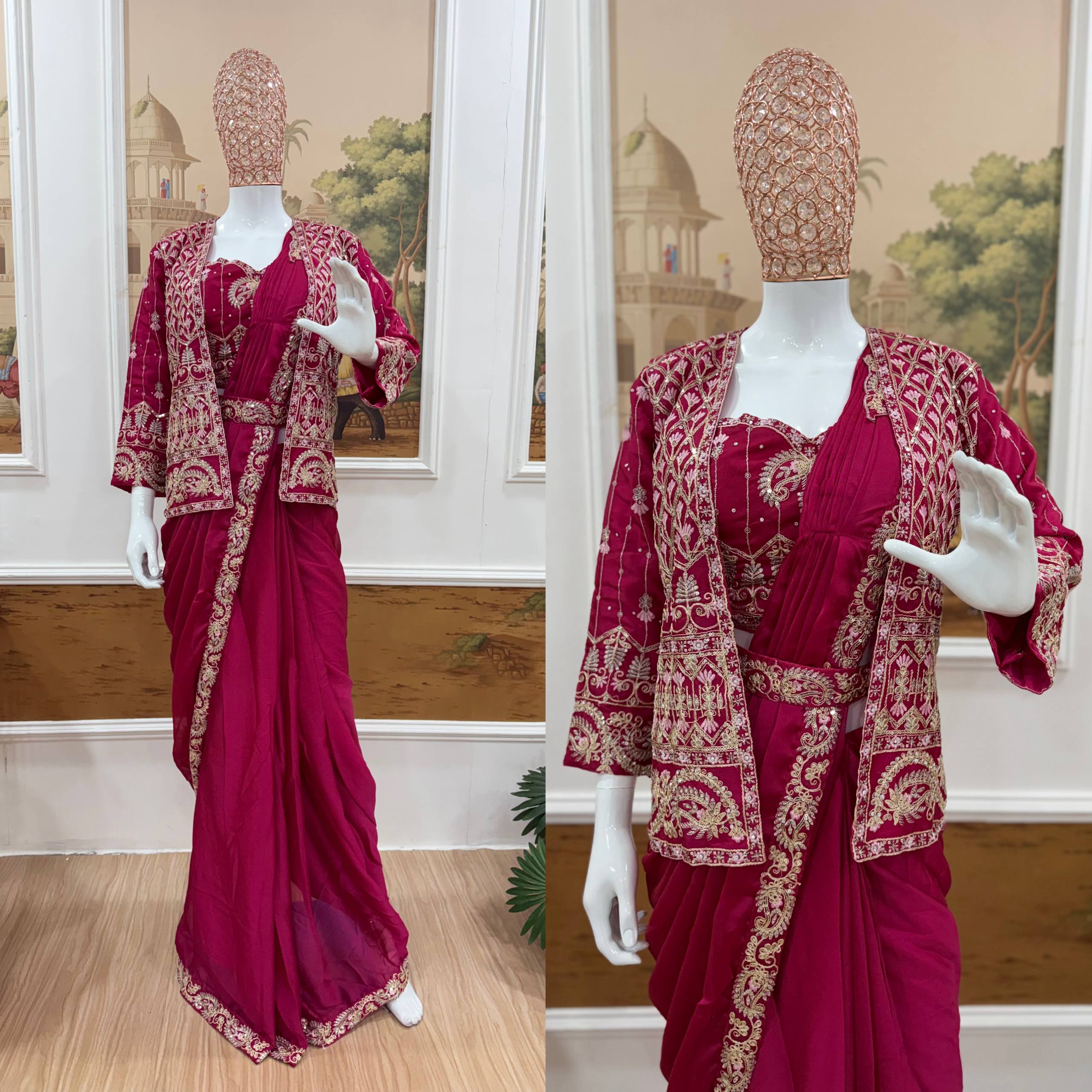 Premium Indo-Western Drape Saree with Embroidered Koti for Women | Rangoli Silk Ready-to-Wear Saree | Designer Wedding & Party Wear Collection HE-BUY-(D)-1184