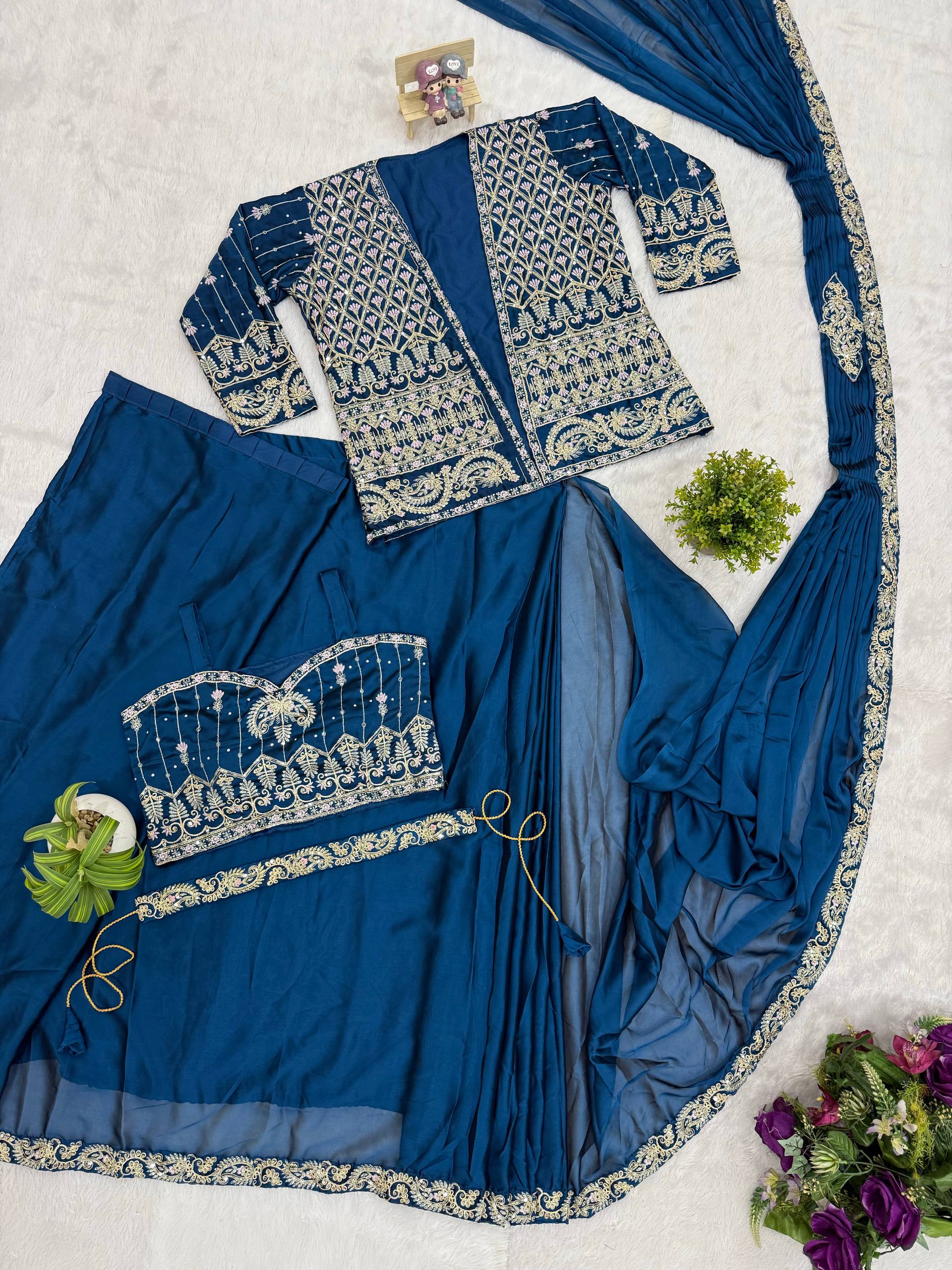 Premium Indo-Western Drape Saree with Embroidered Koti for Women | Rangoli Silk Ready-to-Wear Saree | Designer Wedding & Party Wear Collection HE-BUY-(D)-1184