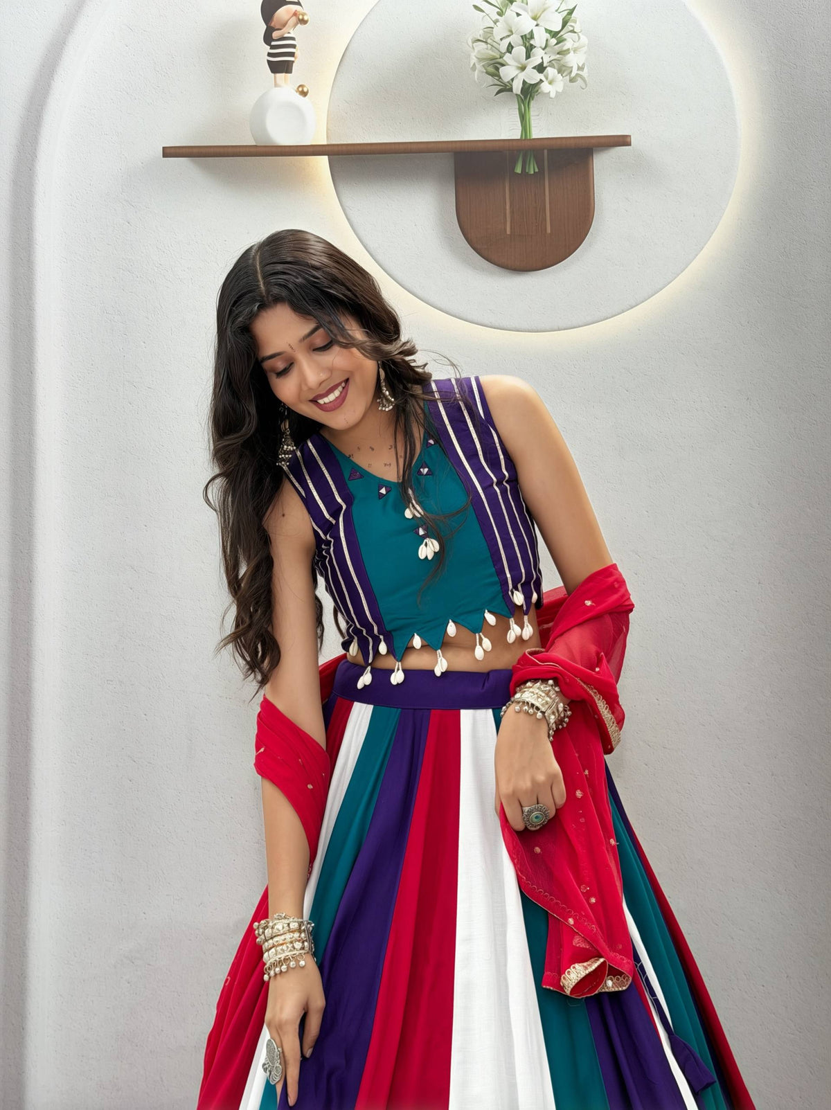 Premium Pure Cotton Navratri Lehenga Choli with Hand Mirror Work & Vintage Dupatta | 6-Meter Flare Designer Garba Collection HE-BUY-(A)-186