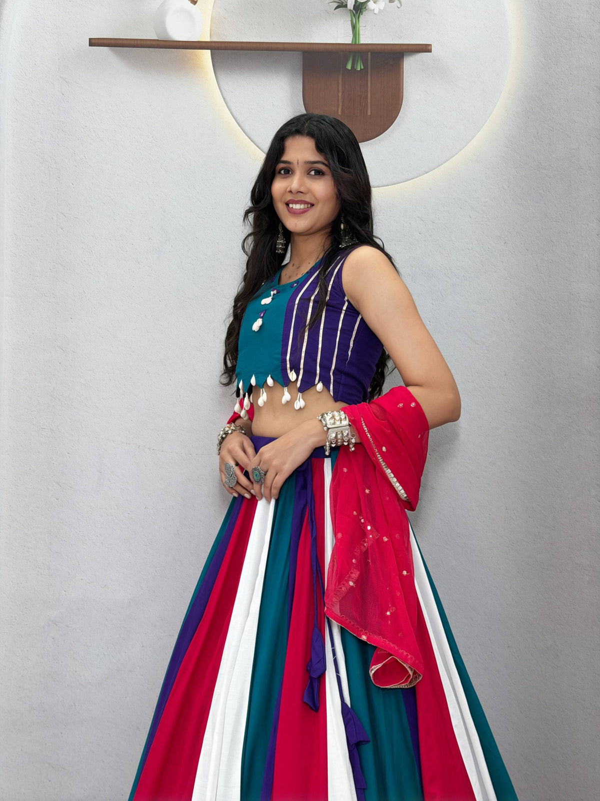 Premium Pure Cotton Navratri Lehenga Choli with Hand Mirror Work & Vintage Dupatta | 6-Meter Flare Designer Garba Collection HE-BUY-(A)-186