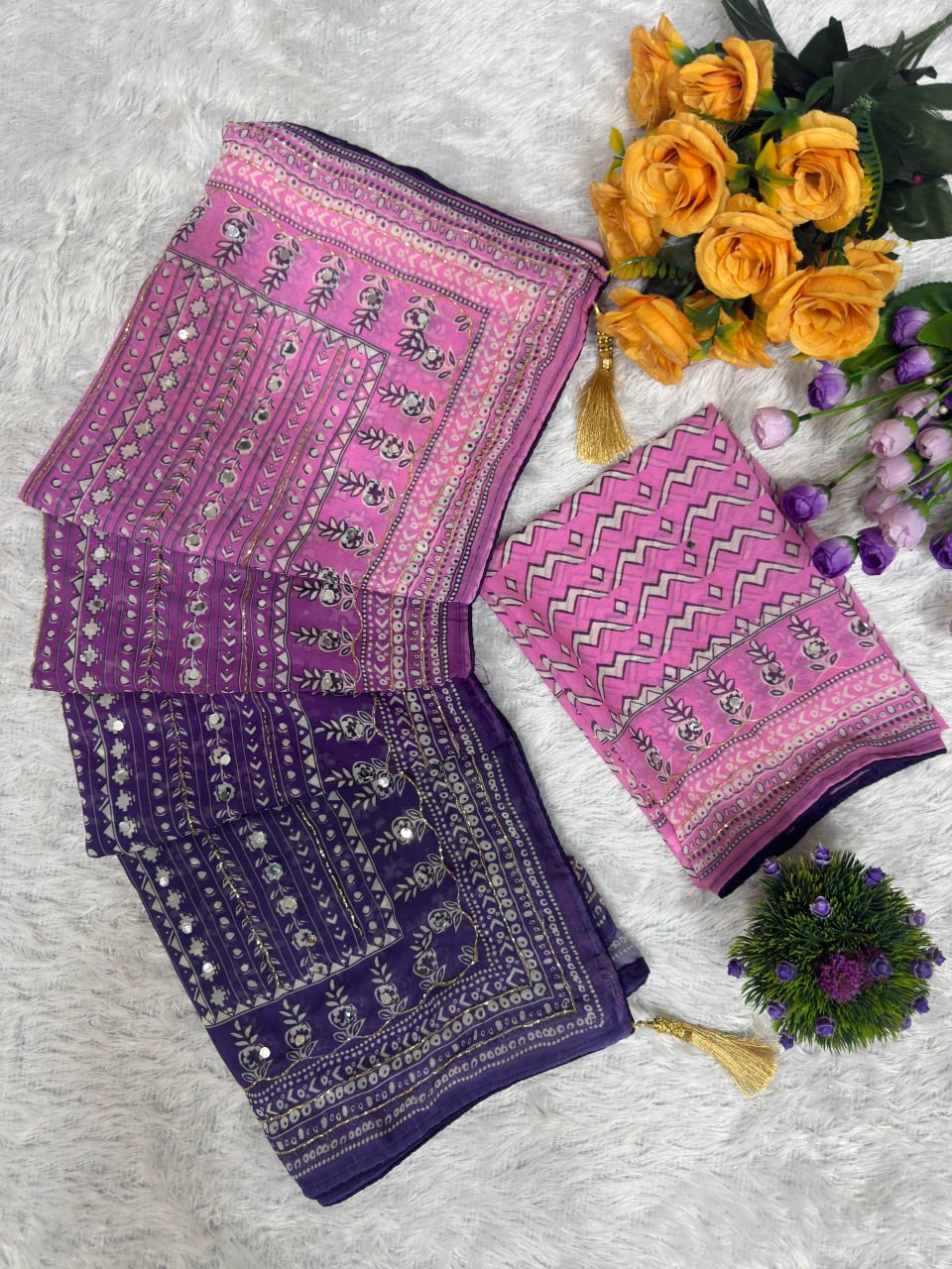 Bollywood Style Designer Fox Georgette Saree with Digital Print, Katdana & Real Mirror Handwork | Designer Blouse HE-BUY-(Z)-0150