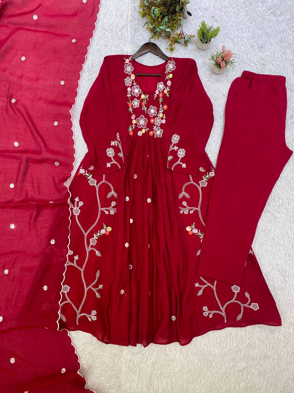 Premium Mul Chanderi Sequence Embroidered Top, Pant & Dupatta Set | Designer Festive Wear | Ready to Dispatch HE-BUY-(N)-2131