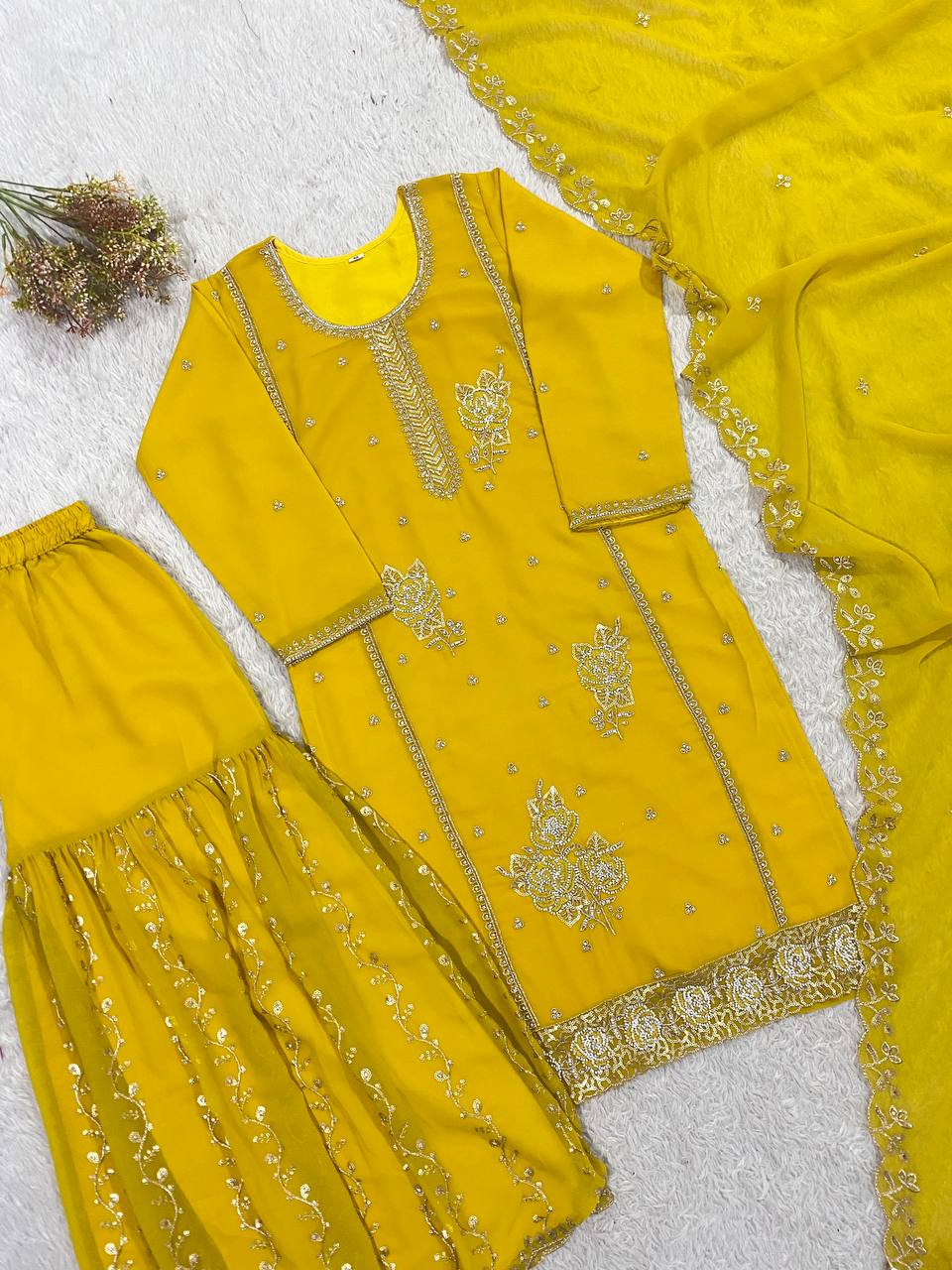 Premium Fox Georgette Gharara Set with Sequence Embroidery & Beads Work | 3-Piece Designer Festive Wear | HE-BUY-(R)-15