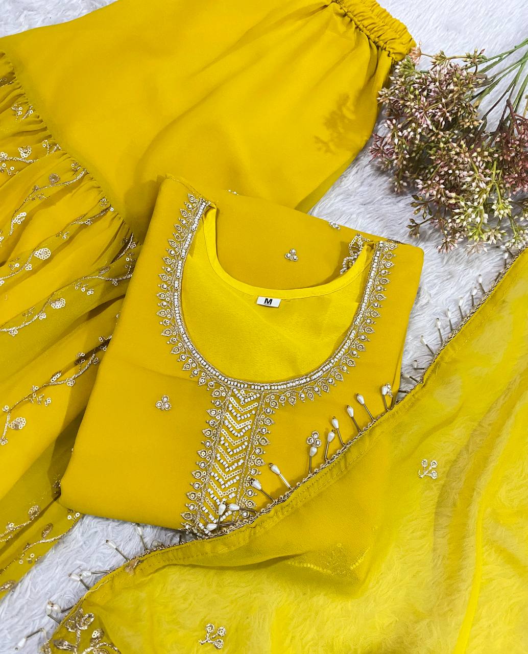 Premium Fox Georgette Gharara Set with Sequence Embroidery & Beads Work | 3-Piece Designer Festive Wear | HE-BUY-(R)-15