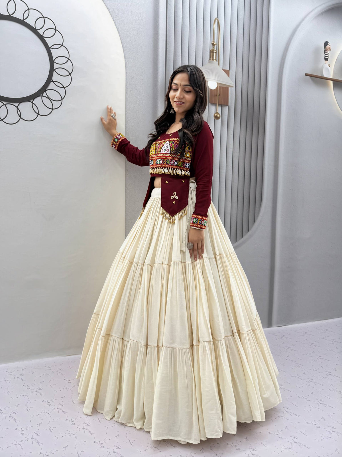 Premium Pure Cotton Navratri Lehenga Choli with Real Kodi & Gamthi Hand Work | 9-Meter Flare | Designer Garba Collection HE-BUY-(A)-189