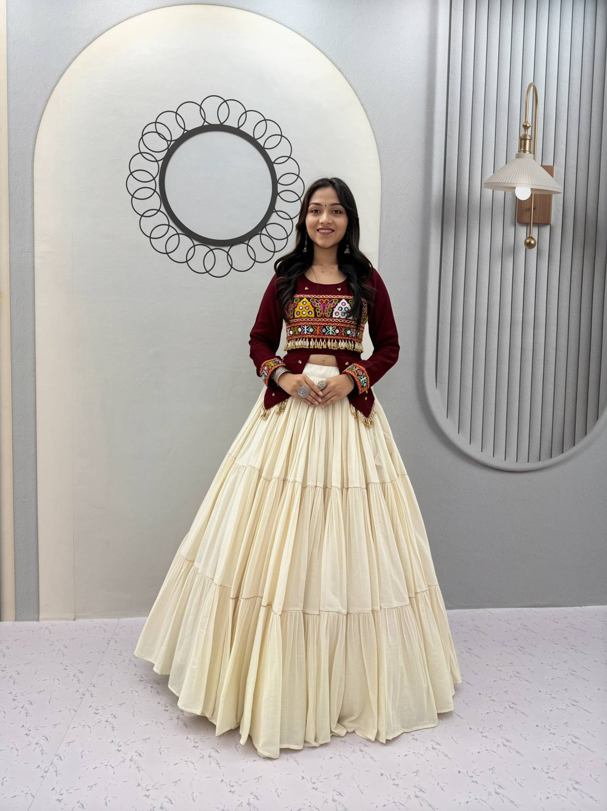 Premium Pure Cotton Navratri Lehenga Choli with Real Kodi & Gamthi Hand Work | 9-Meter Flare | Designer Garba Collection HE-BUY-(A)-189