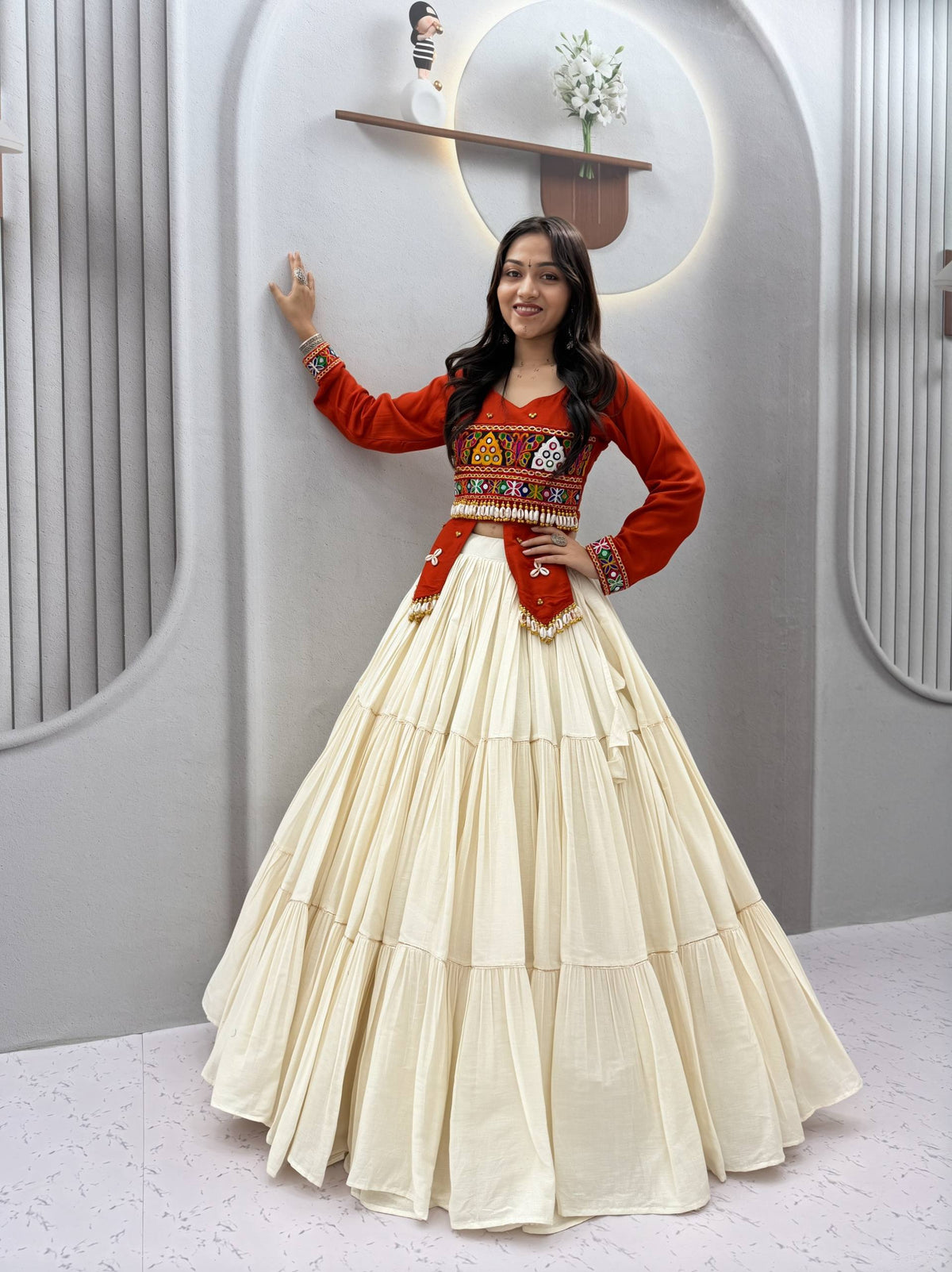 Premium Pure Cotton Navratri Lehenga Choli with Real Kodi & Gamthi Hand Work | 9-Meter Flare | Designer Garba Collection HE-BUY-(A)-189
