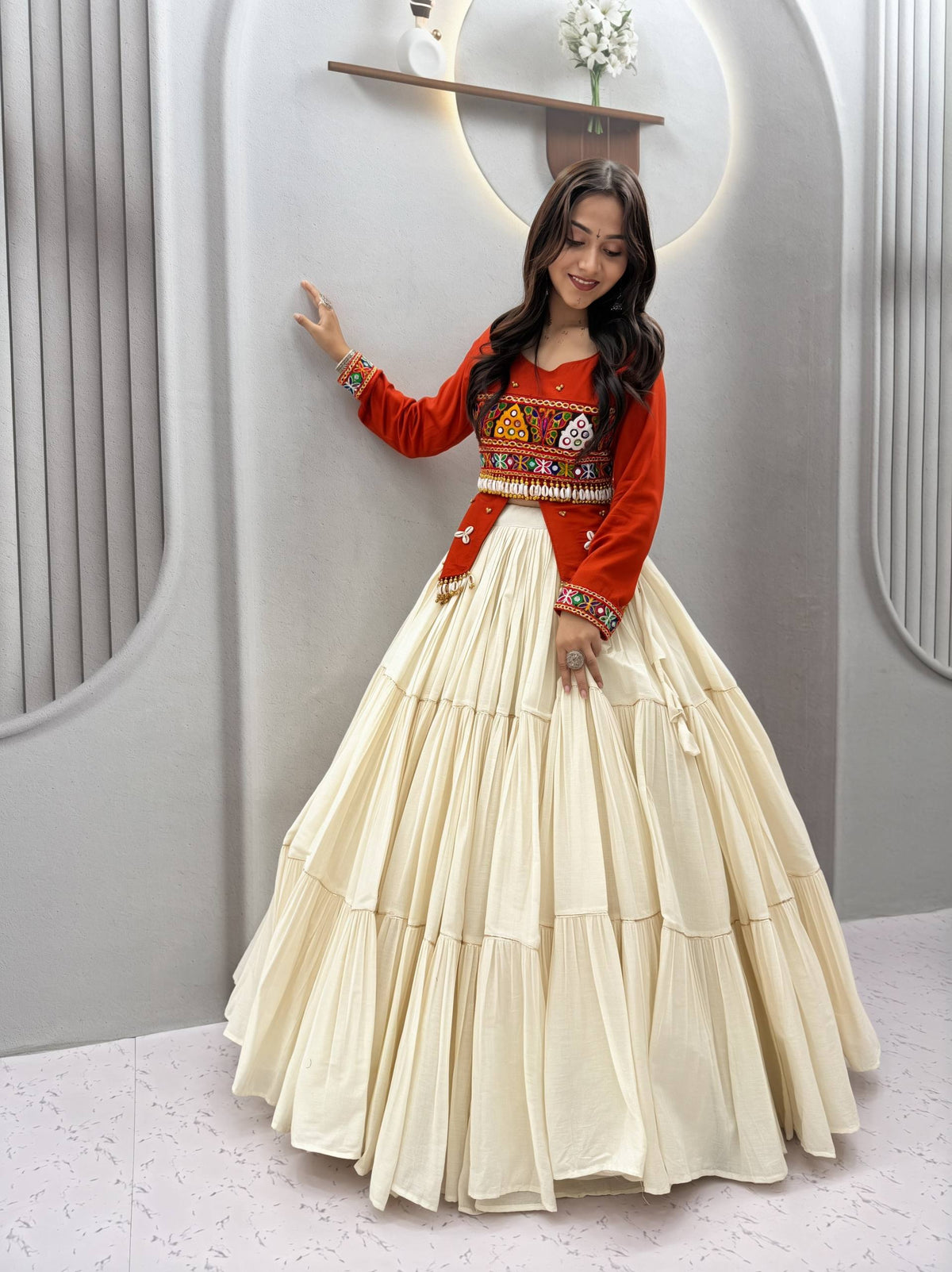 Premium Pure Cotton Navratri Lehenga Choli with Real Kodi & Gamthi Hand Work | 9-Meter Flare | Designer Garba Collection HE-BUY-(A)-189