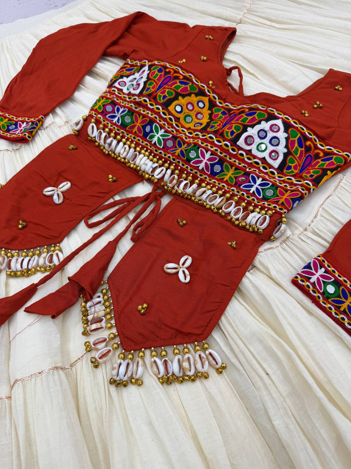 Premium Pure Cotton Navratri Lehenga Choli with Real Kodi & Gamthi Hand Work | 9-Meter Flare | Designer Garba Collection HE-BUY-(A)-189