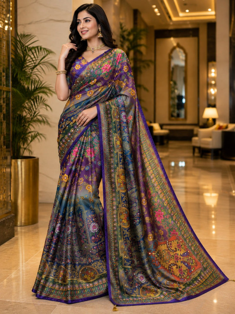 Designer Soft Chinon Silk Saree with Floral Digital Print & Real Mirror Handwork | Matching Chinon Silk Blouse HE-BUY(Z)-0167