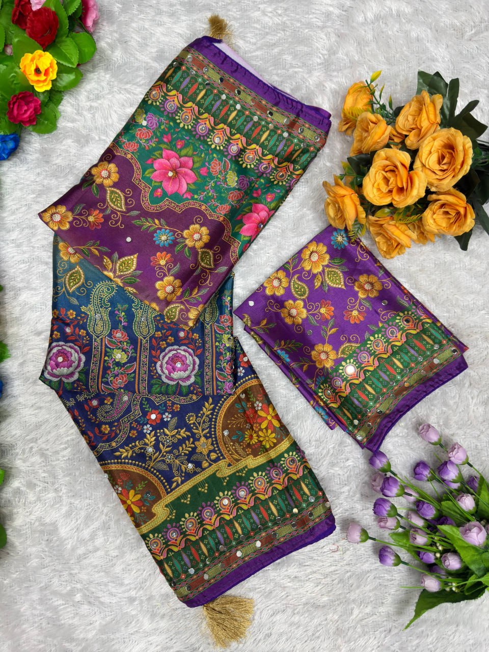 Designer Soft Chinon Silk Saree with Floral Digital Print & Real Mirror Handwork | Matching Chinon Silk Blouse HE-BUY(Z)-0167