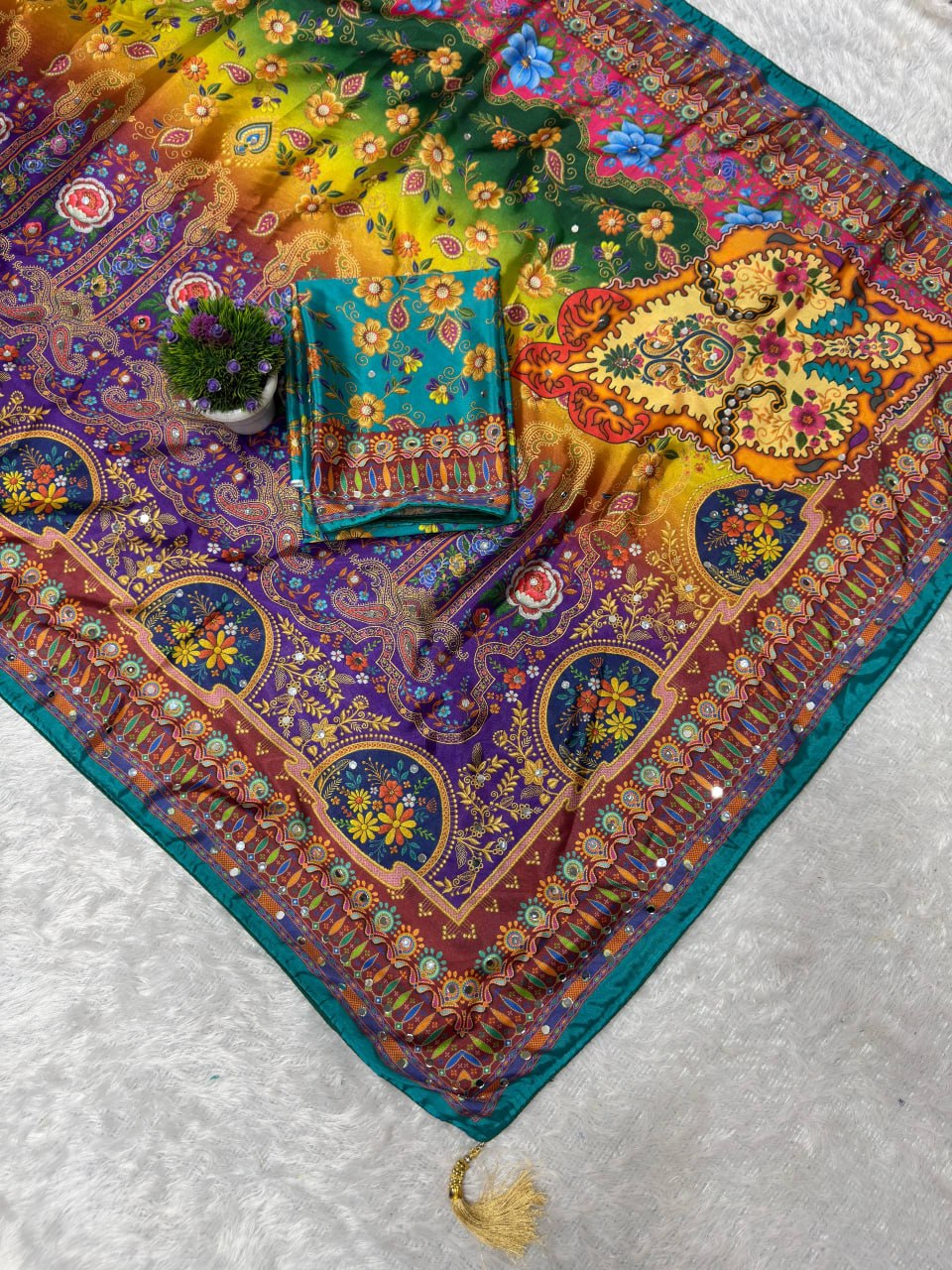 Designer Soft Chinon Silk Saree with Floral Digital Print & Real Mirror Handwork | Matching Chinon Silk Blouse HE-BUY(Z)-0167