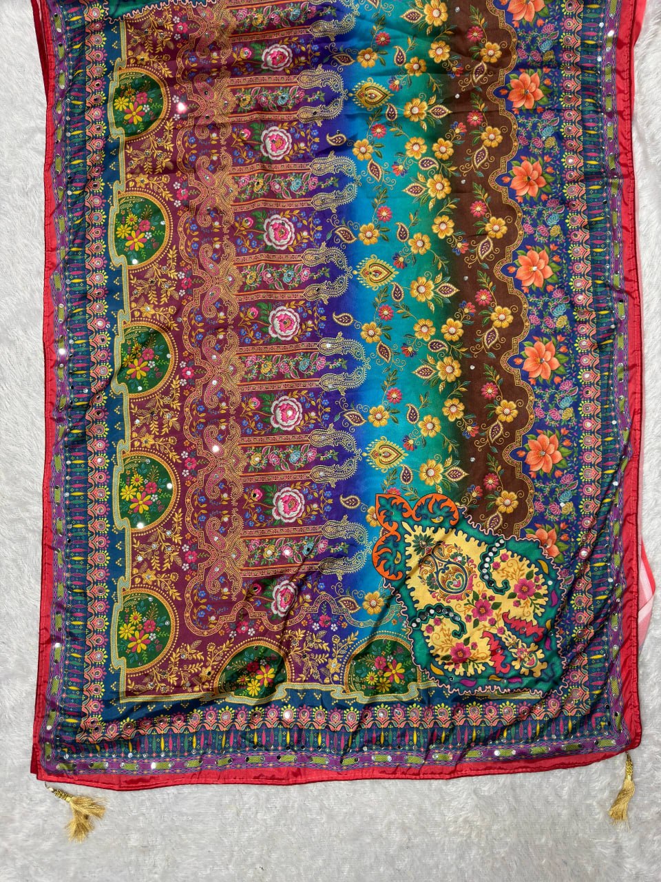 Designer Soft Chinon Silk Saree with Floral Digital Print & Real Mirror Handwork | Matching Chinon Silk Blouse HE-BUY(Z)-0167