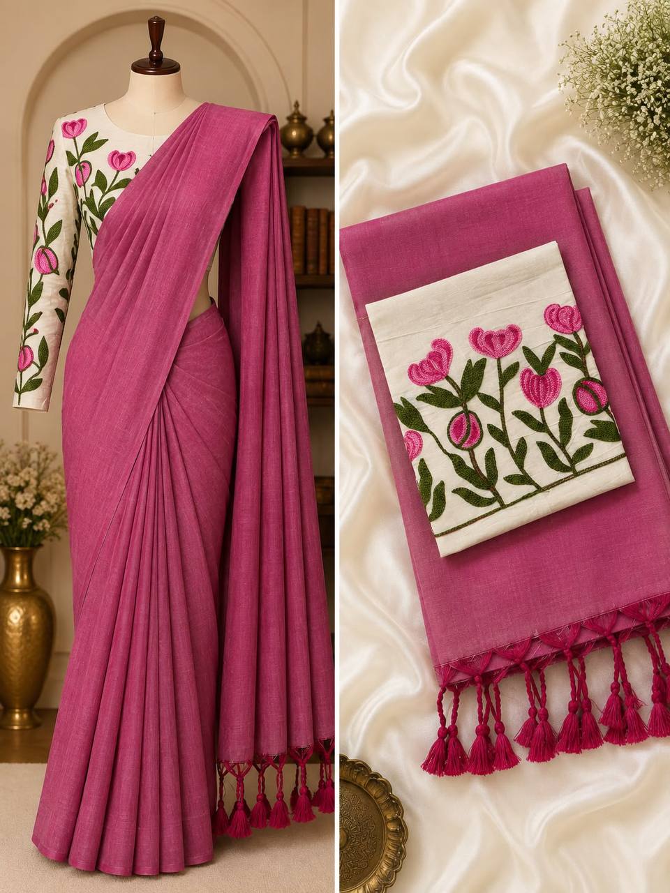 New Handloom Khadi Cotton Saree with Stretchable Ajrak Print Blouse | Elegant Ethnic Wear HE-BUY-(X)-1306-02