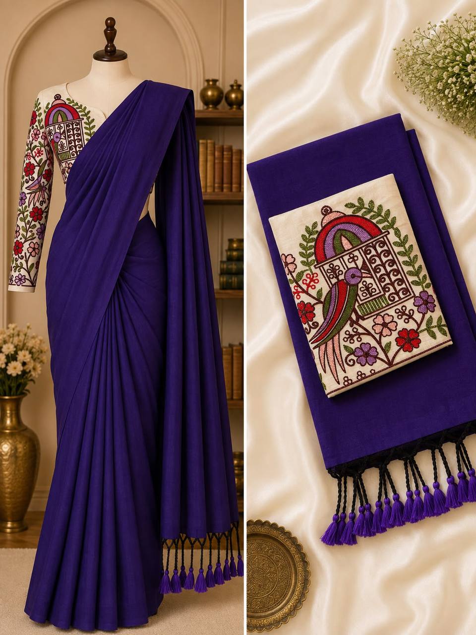 New Handloom Khadi Cotton Saree with Stretchable Ajrak Print Blouse | Elegant Ethnic Wear HE-BUY-(X)-1306-02