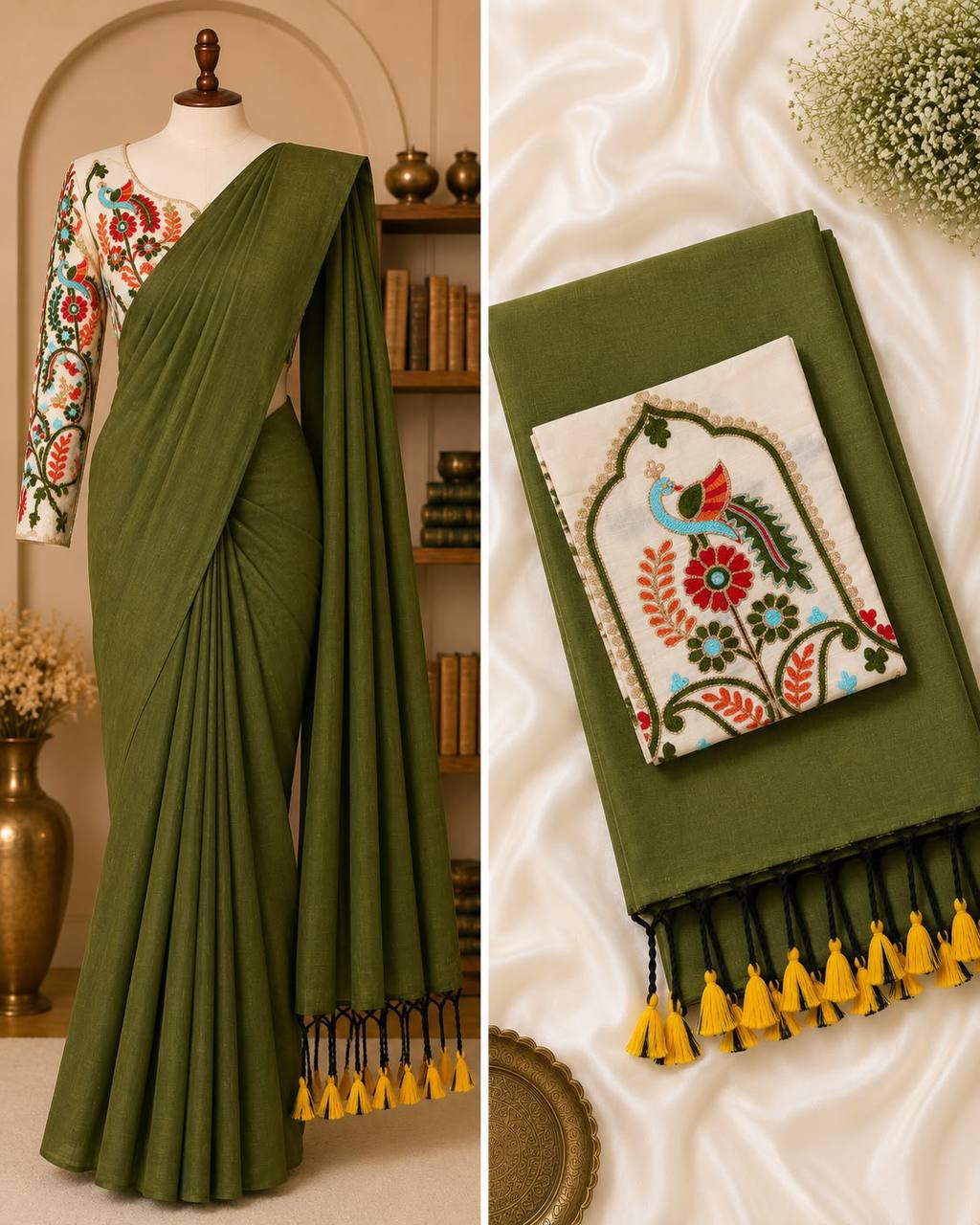 New Handloom Khadi Cotton Saree with Stretchable Ajrak Print Blouse | Elegant Ethnic Wear HE-BUY-(X)-1306-02