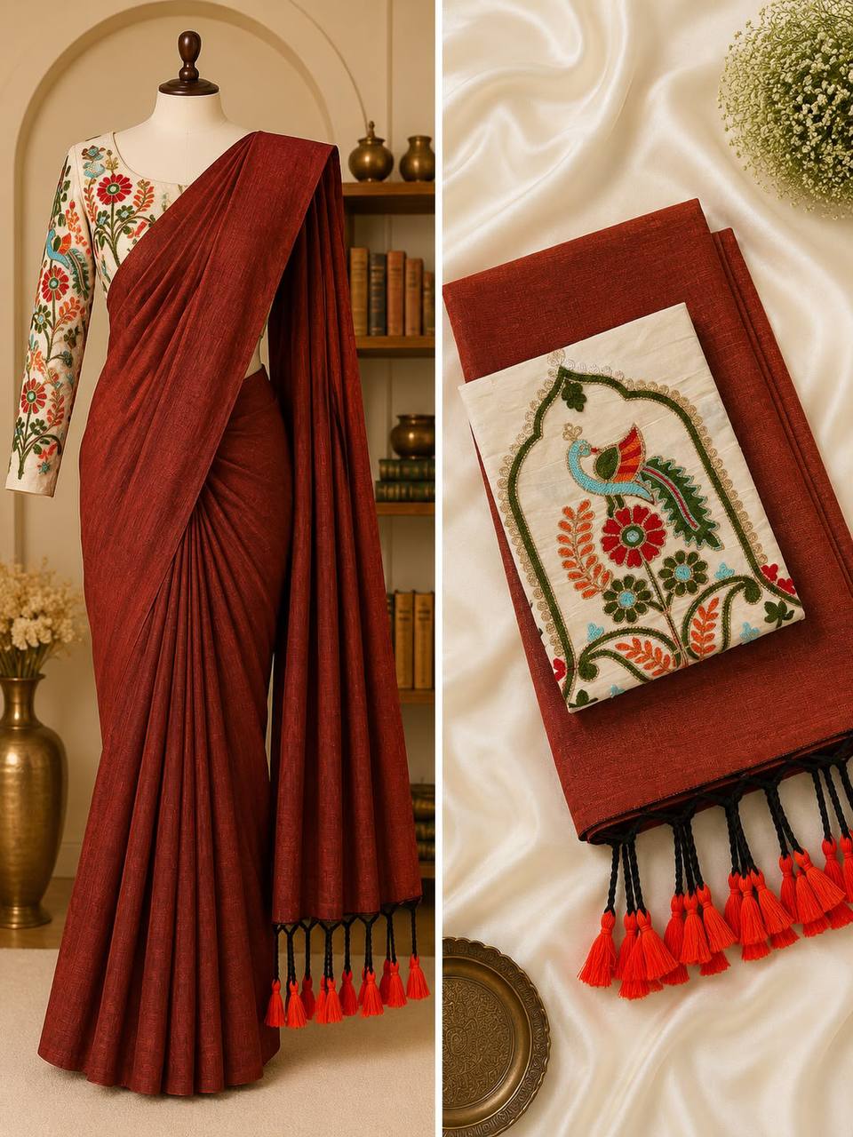 New Handloom Khadi Cotton Saree with Stretchable Ajrak Print Blouse | Elegant Ethnic Wear HE-BUY-(X)-1306-02