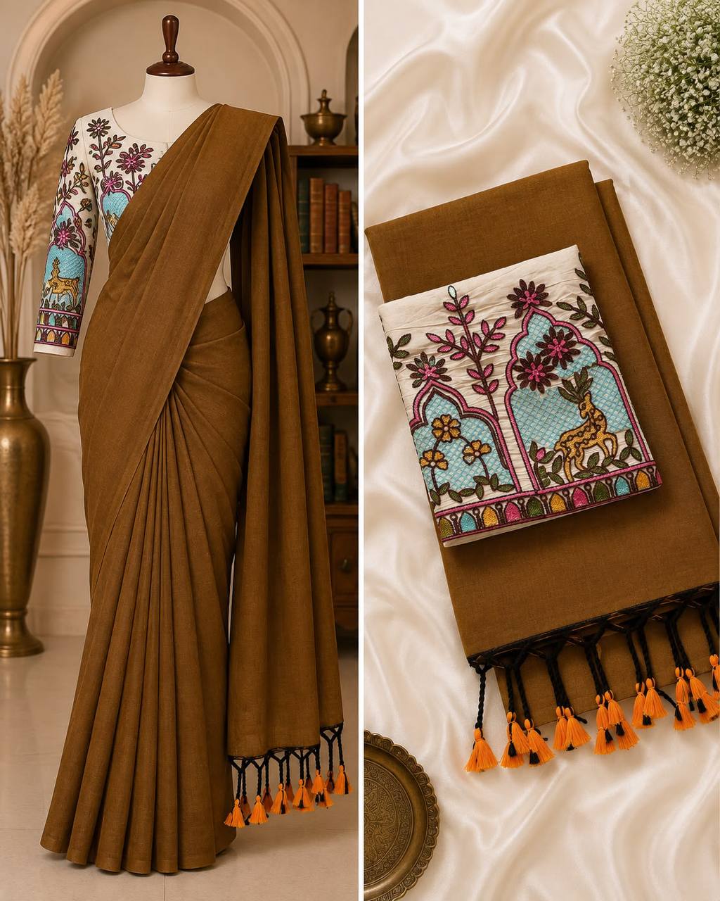 New Handloom Khadi Cotton Saree with Stretchable Ajrak Print Blouse | Elegant Ethnic Wear HE-BUY-(X)-1306-02