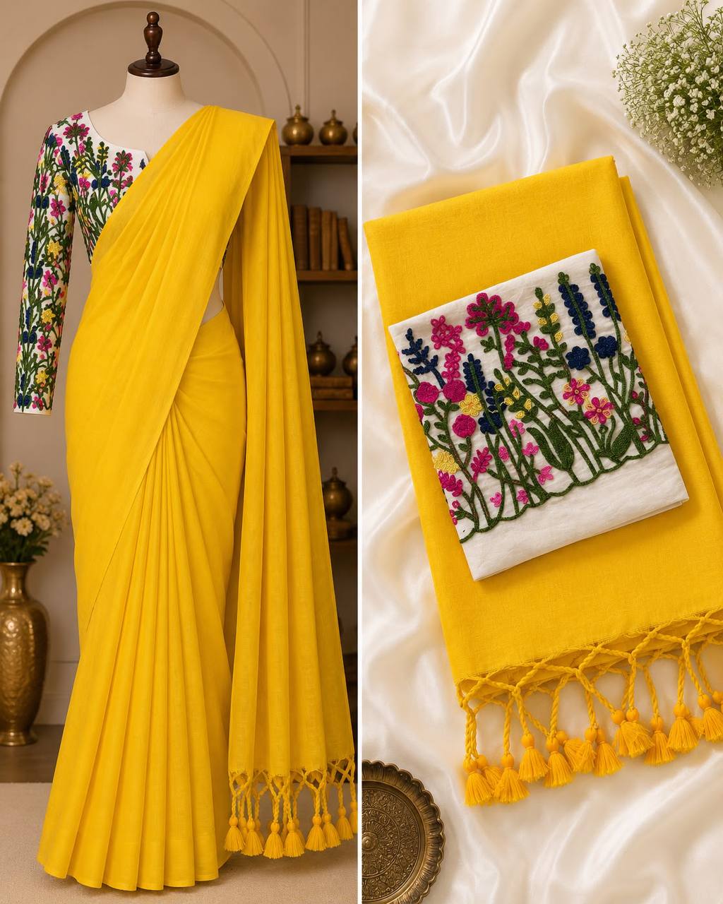 New Handloom Khadi Cotton Saree with Stretchable Ajrak Print Blouse | Elegant Ethnic Wear HE-BUY-(X)-1306-02
