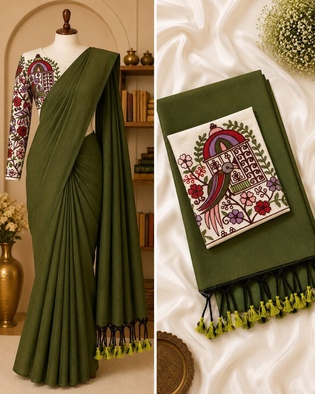 New Handloom Khadi Cotton Saree with Stretchable Ajrak Print Blouse | Elegant Ethnic Wear HE-BUY-(X)-1306-02