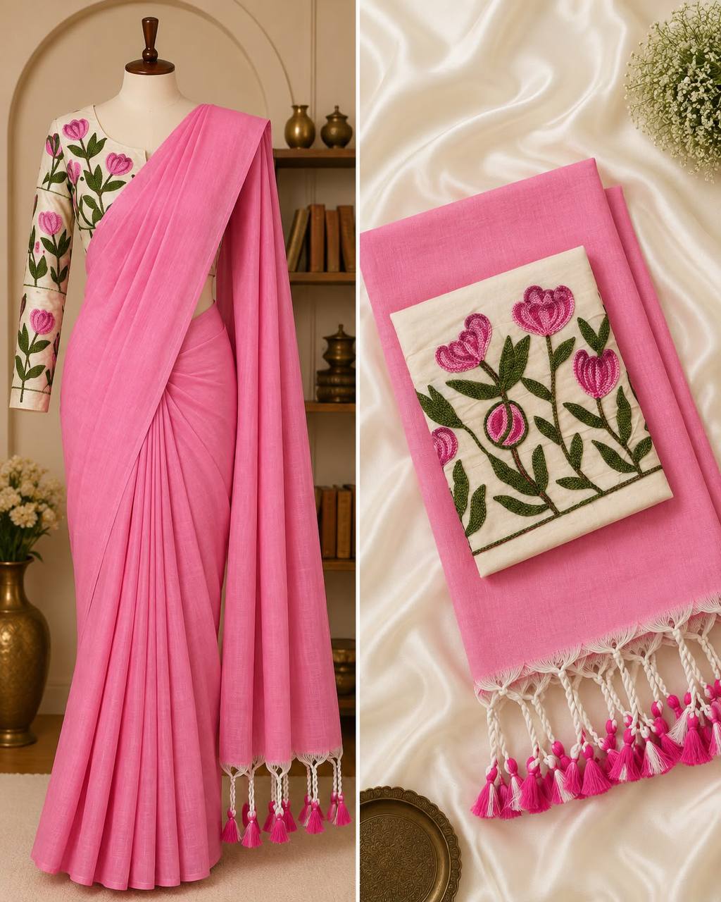 New Handloom Khadi Cotton Saree with Stretchable Ajrak Print Blouse | Elegant Ethnic Wear HE-BUY-(X)-1306-02