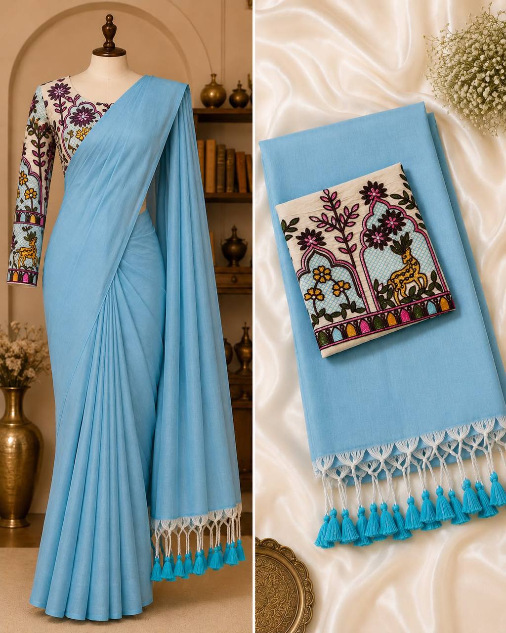 New Handloom Khadi Cotton Saree with Stretchable Ajrak Print Blouse | Elegant Ethnic Wear HE-BUY-(X)-1306-02