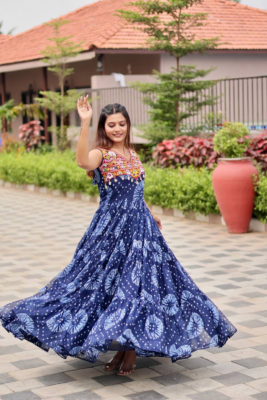 Navratri Special Faux Georgette Gamathi Work Gown with Real Mirror and Original Kodi Lace - Fully Stitched