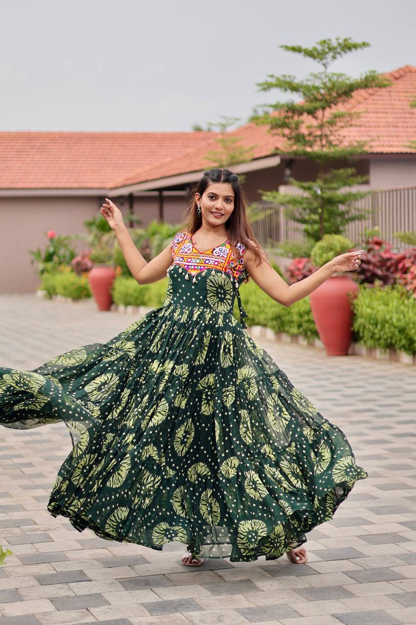 Navratri Special Faux Georgette Gamathi Work Gown with Real Mirror and Original Kodi Lace - Fully Stitched