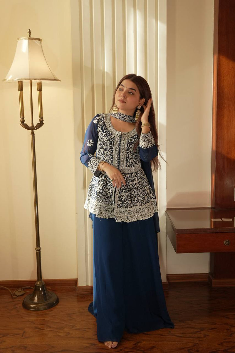 Premium Georgette Embroidered Peplum Top with Palazzo & Dupatta Set | Designer Party & Festive Wear  HE-BUY-(R)-14