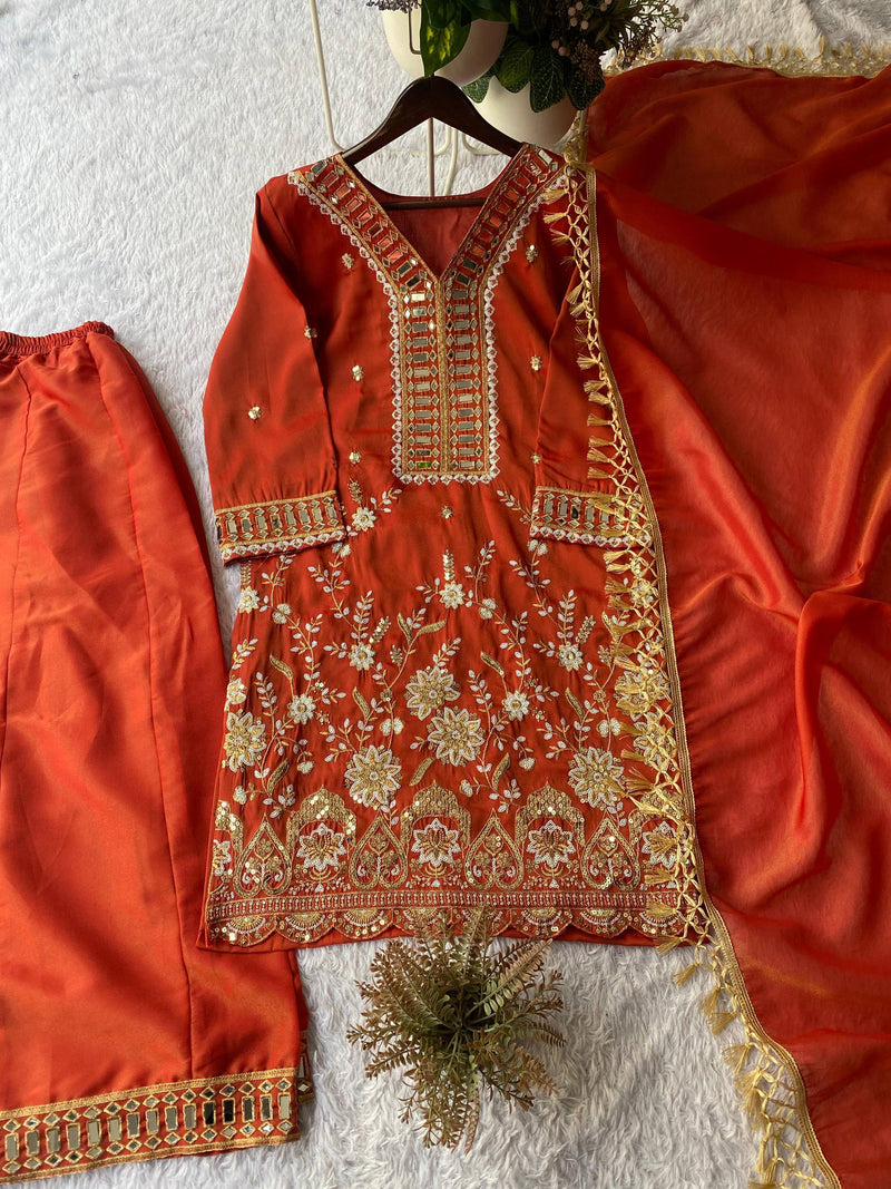 Designer Coss Moss Kurti Palazzo Set with Real Mirror & Embroidery Work | 3-Piece Wedding Wear Collection | HE-BUY-(O)-435