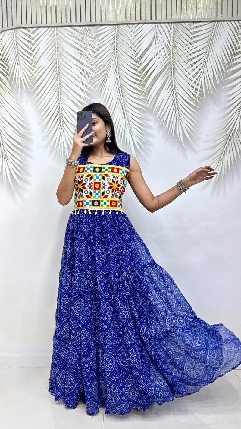Navratri Special 9 Meter Flair Gown | Bandhej Print Pure Georgette | Gamathi & Real Mirror Work | Fully Stitched Festive Gown HE-BUY-(AB)-10