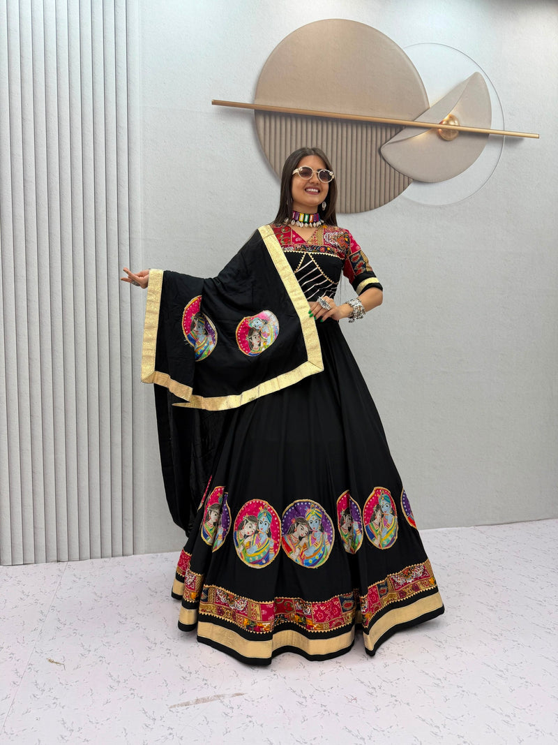 Elegant Navratri Rayon Lehenga Choli with 4-Meter Flair | Heavy Embroidered Banglory Silk Blouse | Designer Festive Wear HE-BUY-(G)-335