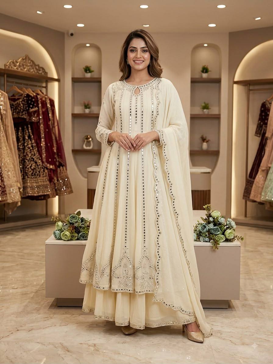 Designer Gown Lehenga Dupatta Set | Georgette with Sequence Embroidery & Real Mirror Work | Festive & Party Wear                          HE-BUY-(N)-2138
