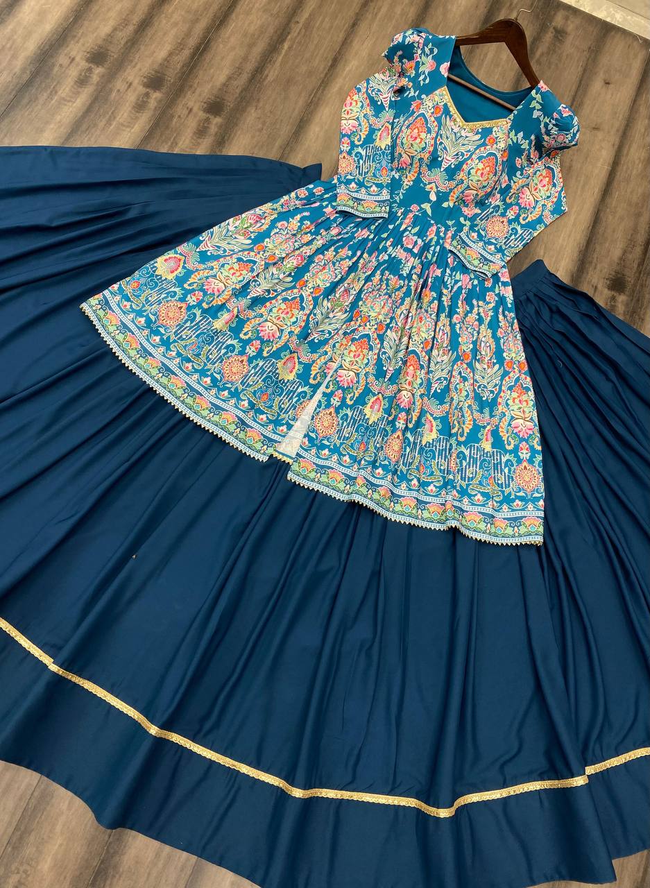 Navratri Special Rayon Printed Top with 4-Meter Flare Fiyona Silk Lehenga | Designer Garba & Dandiya Wear Collection  HE-BUY-(O)-265