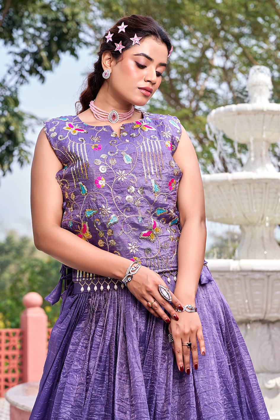 Wedding Collection Pure Gold Crush Lehenga Choli with Embroidered Shrug - Fully Stitched