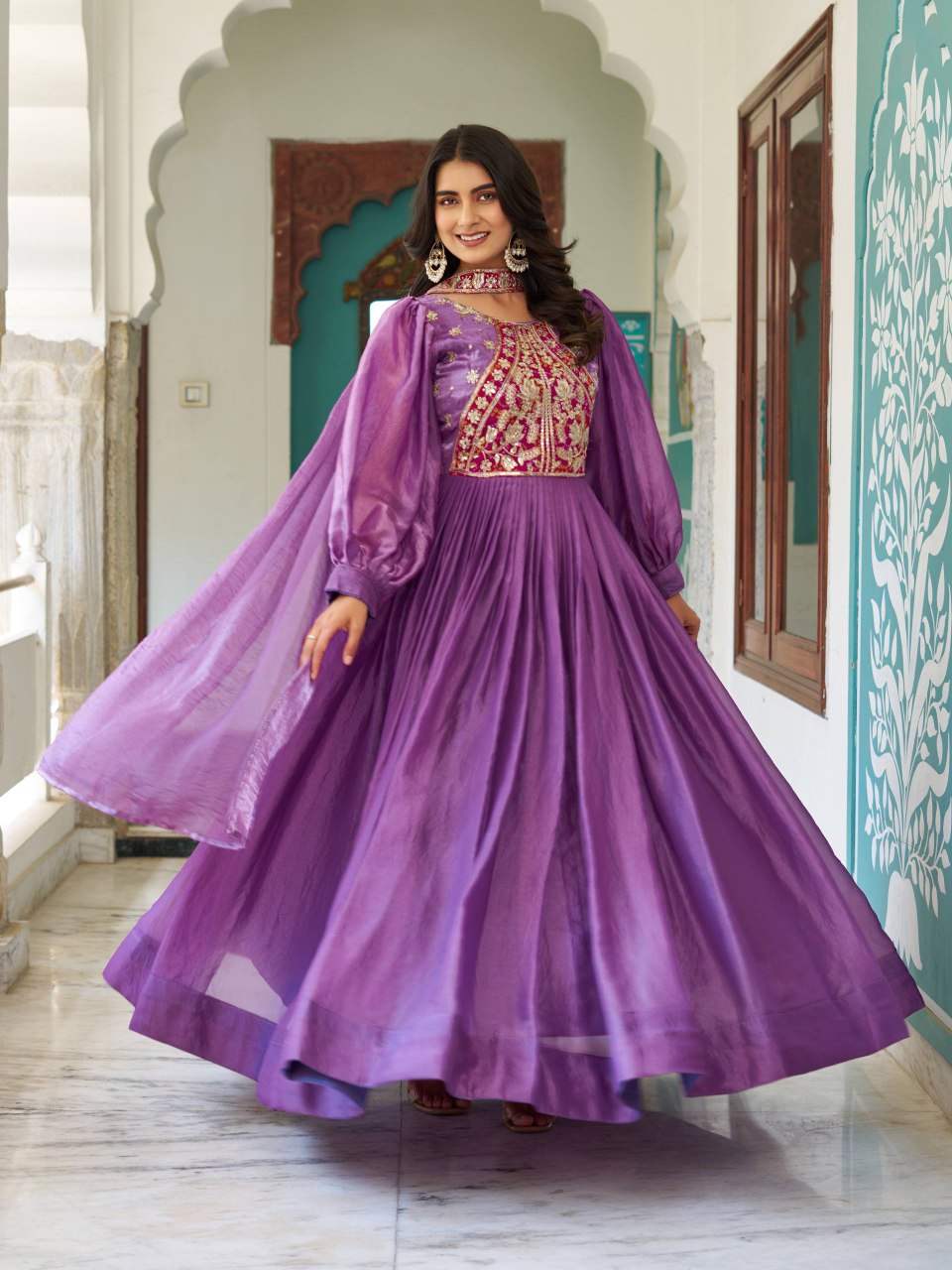 Festival Collection Fendy Silk Long Gown with Heavy Sequence and Thread Embroidery Work - Fully Stitched