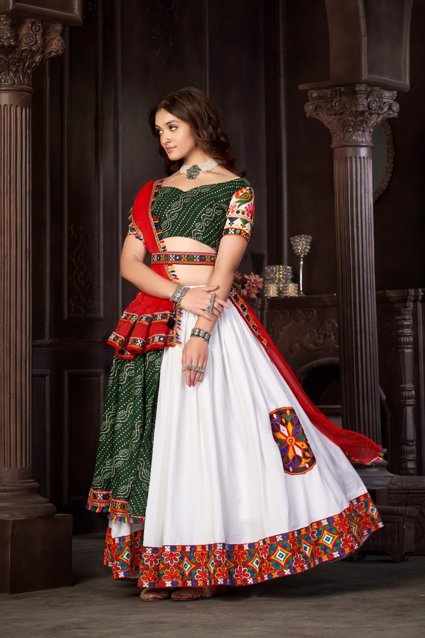 Navratri Special White Cotton Silk Chaniya Choli with Traditional Kutchi Mirror Work